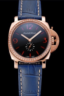 Panerai Radiomir Black Dial Diamond Bezel Rose Gold Case Blue Leather Strap 1453800 Panerai Replica Watch