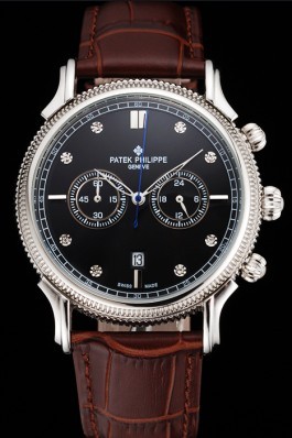 Patek Philippe Chronograph Black Dial With Diamonds Stainless Steel Case Brown Leather Strap Fake Patek Philippe