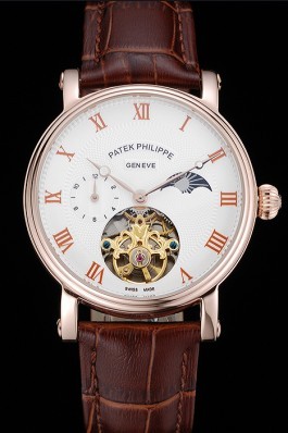 Patek Philippe Complications Moonphase Tourbillon White Dial Rose Gold Case Brown Leather Strap Fake Patek Philippe