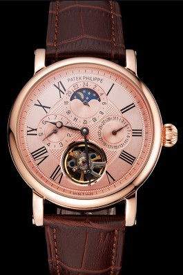 Patek Philippe Grand Complications Moonphase Perpetual Calendar Tourbillon Rose Gold Case And Dial Brown Leather Strap Fake Patek Philippe