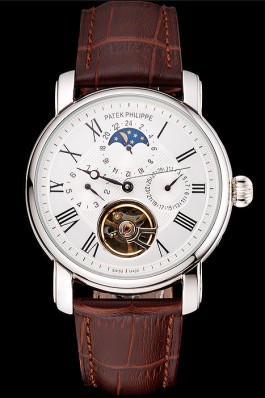 Patek Philippe Grand Complications Moonphase Perpetual Calendar Tourbillon White Dial Stainless Steel Case Brown Leather Strap Fake Patek Philippe