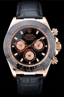 Replica Rolex Daytona Rose Gold Case Black Dial Black Leather Strap Watches