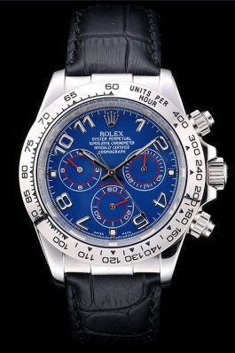 Replica Rolex Daytona Stainless Steel Case Blue Dial Black Leather Strap Watches