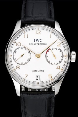 Swiss IWC Portuguese White Dial Gold Numerals Silver Case Black Leather Bracelet 1453908 Iwc Replica
