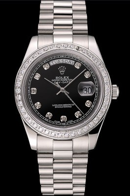 Swiss Replica Rolex Day-Date Black Dial Diamond Case Diamond Numerals Stainless Steel Bracelet 1453965 Watches