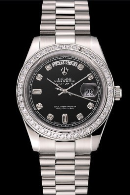 Swiss Replica Rolex Day-Date Black Dial Diamond Case Diamond Numerals Stainless Steel Bracelet 1453966 Watches