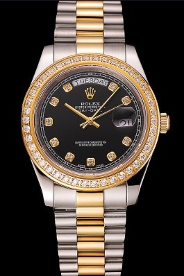 Swiss Replica Rolex Day-Date Black Dial Gold Diamond Case Two Tone Stainless Steel Bracelet 1453975 Watches