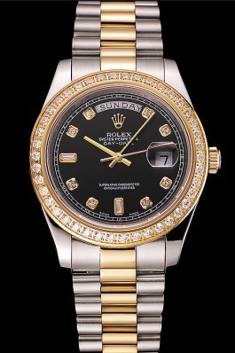 Swiss Replica Rolex Day-Date Black Dial Gold Diamond Case Two Tone Stainless Steel Bracelet 1453976 Watches
