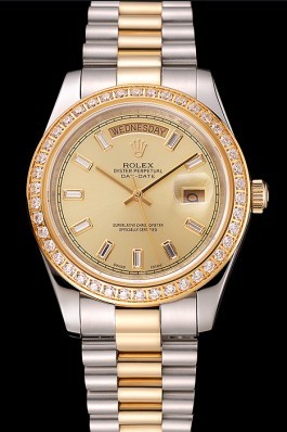 Swiss Replica Rolex Day-Date Champagne Dial Diamond Bezel Two Tone Bracelet 1454103 Watches