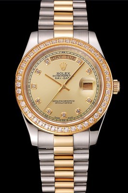 Swiss Replica Rolex Day-Date Champagne Dial Gold Diamond Case Two Tone Stainless Steel Bracelet 1453974 Watches