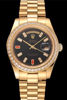 Swiss Replica Rolex Day-Date Diamonds And Rubies Black Dial Gold Bracelet 1454101 Watches