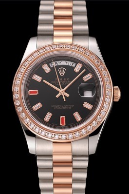 Swiss Replica Rolex Day-Date Diamonds And Rubies Black Dial Rose Gold And Staineless Steel Bracelet 1454106 Watches