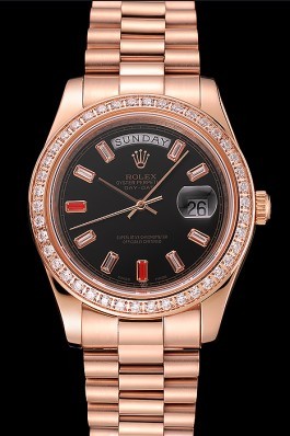 Swiss Replica Rolex Day-Date Diamonds And Rubies Black Dial Rose Gold Bracelet 1454102 Watches