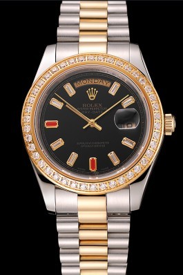 Swiss Replica Rolex Day-Date Diamonds And Rubies Black Dial Two Tone Bracelet 1454105 Watches