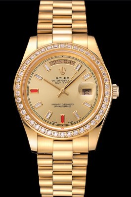 Swiss Replica Rolex Day-Date Diamonds And Rubies Champagne Dial Gold Bracelet 1454100 Watches