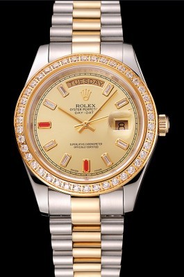 Swiss Replica Rolex Day-Date Diamonds And Rubies Champagne Dial Two Tone Bracelet 1454104 Watches