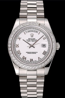 Swiss Replica Rolex Day-Date White Dial Diamond Case Stainless Steel Bracelet 1453967 Watches