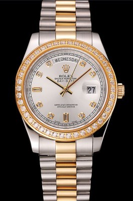 Swiss Replica Rolex Day-Date White Dial Gold Diamond Case Two Tone Stainless Steel Bracelet 1453972 Watches