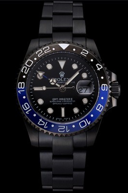 Swiss Replica Rolex GMT Master II Black Dial Blue And Black Bezel Black PVD Case And Bracelet Rolex Replica Gmt