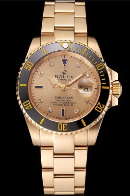 Swiss Rolex Submariner Gold Dial With Diamond Markings Black Bezel Yellow Gold Case And Bracelet Rolex Submariner Replica