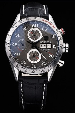 Tag Heuer Swiss Carrera Tachymeter Bezel Black Leather Strap Checkered Brown Dial Tag Heuer Replica